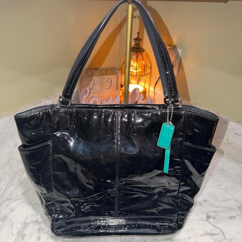 Coach Park Patent Carrie Tote in black patent leather
